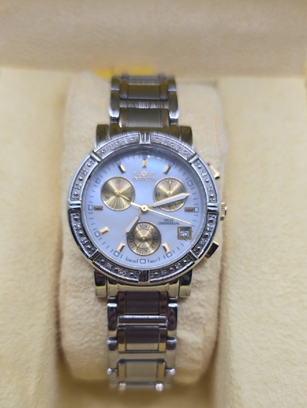 Invicta Two-Tone Silver and Gold Chronograph Watch with Mother-of-Pearl Dial